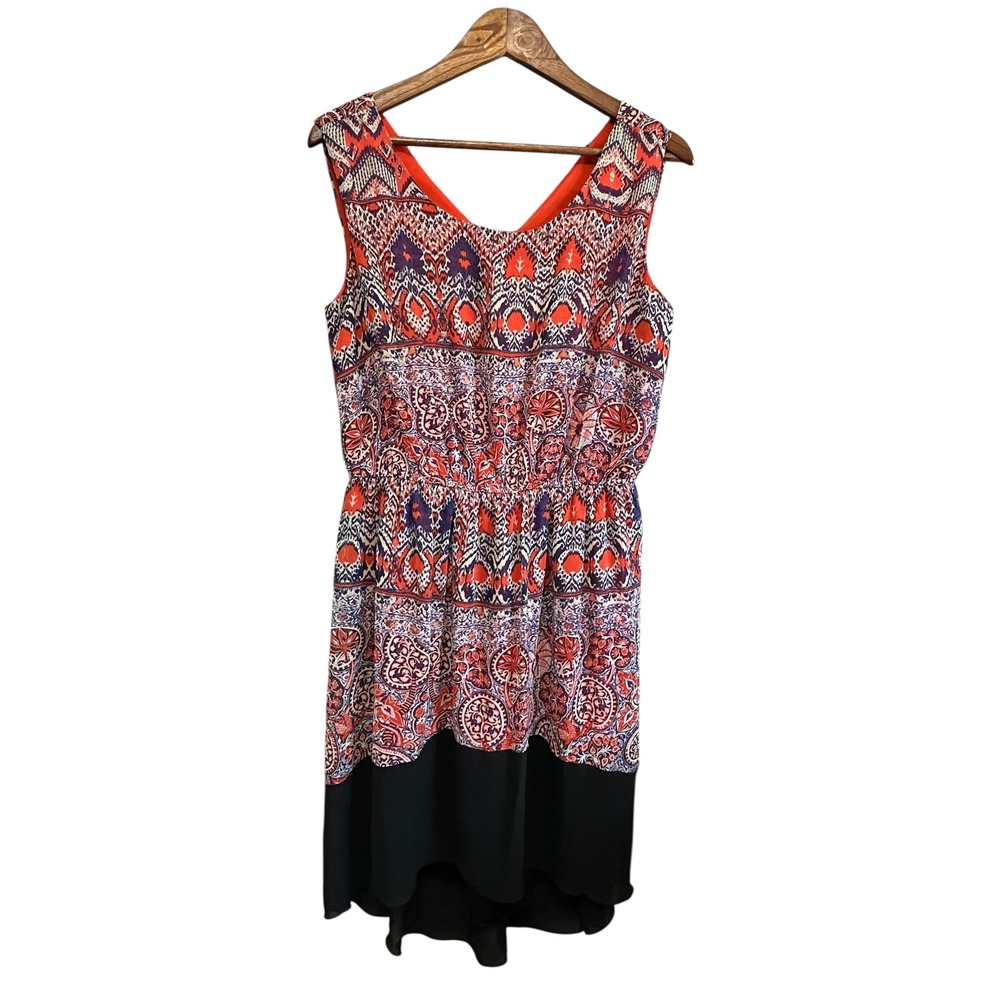 Enfocus Women Dress 14W Sleeveless Knee Length Red Blue Print‎ Elastic Waist